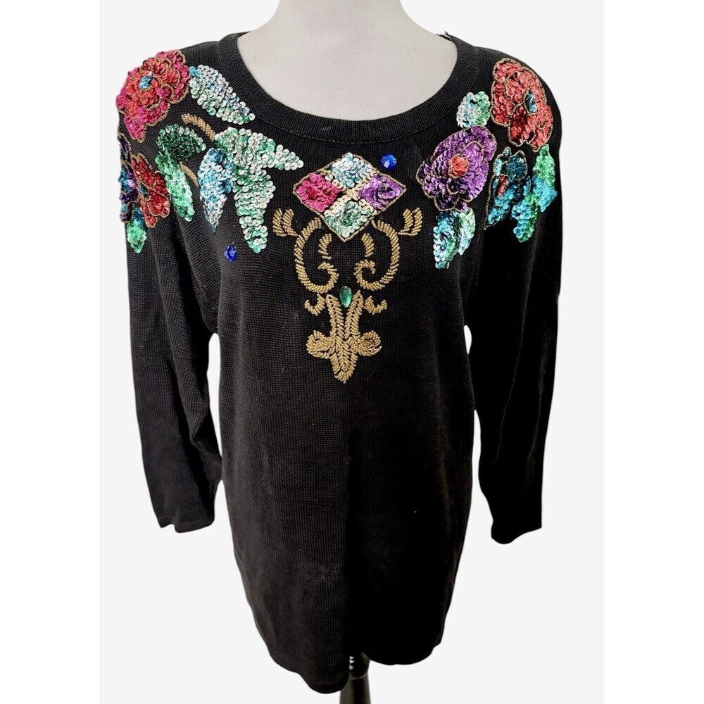 Vtg 90s SML Bling Long Sweater Womens Black Colorful Floral Sequins Gold Beads M
